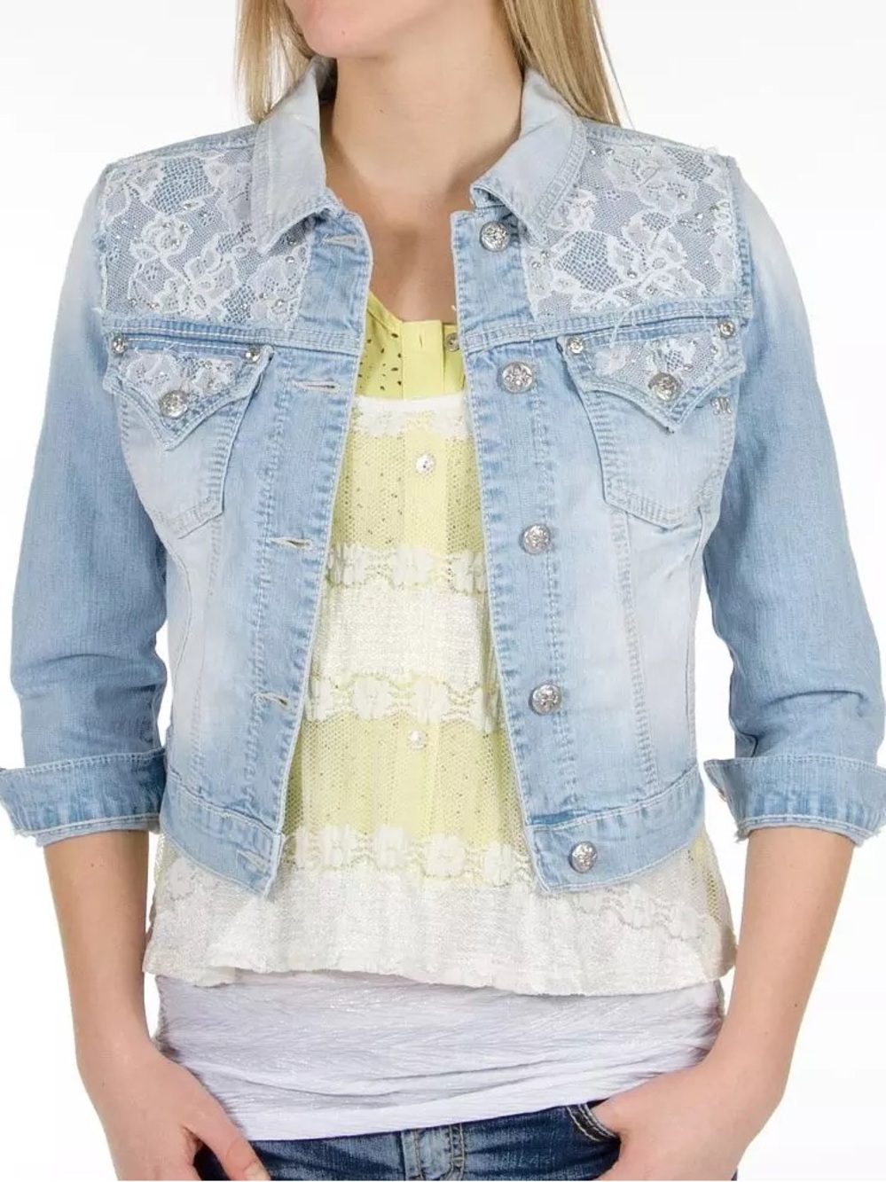 Miss Me Light Blue cropped Denim Jacket lace Trim studded rhinestones L
